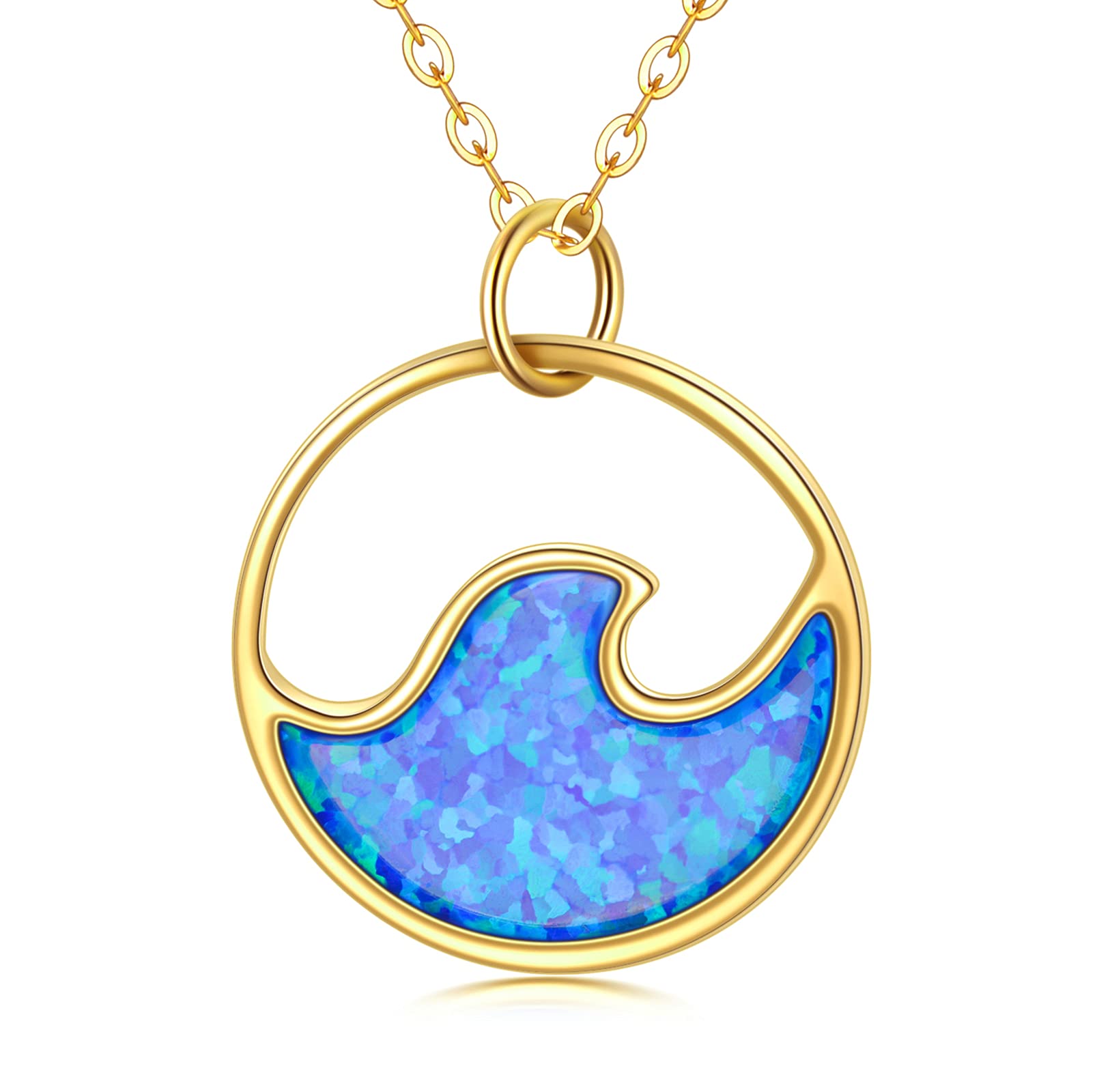 SISGEM 9 ct Gold Wave Necklace, Solid Yellow Gold Opal Ocean Wave Pendant Necklace, Sea Surfing Hawaii Circle Necklace, for Women Girls Ladies Mum Sisters, 16"+1"+1"
