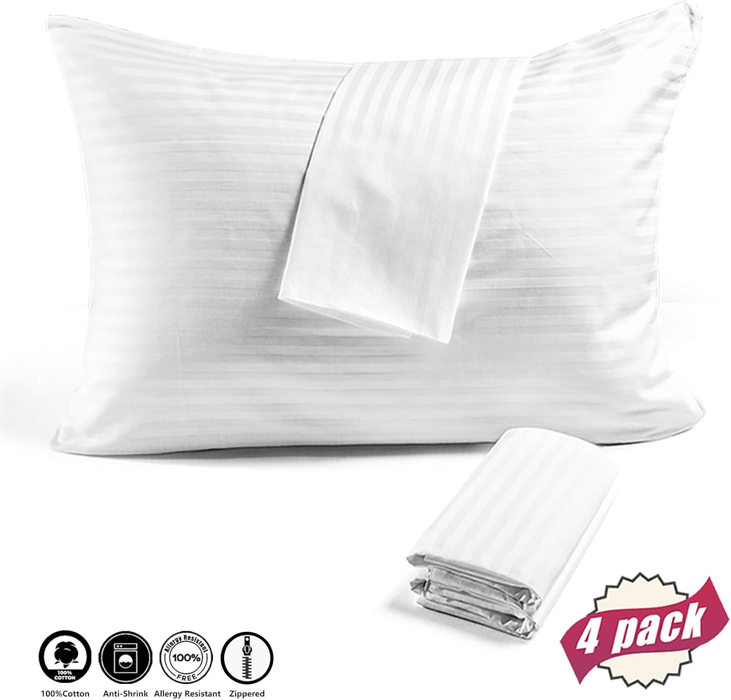 Fairpeak Soft Zippered Pillow Protectors Covers Case (King, 20x36) - 4 Pack, Anti Allergy Hypoallergenic 100% Cotton Sateen Covers, Luxury Hotel Quality: Home & Kitchen