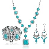 Bohemian Turquoise Necklace Set - Women's Western Jewelry with Long Choker, Pendant, Dangle Earrings, Layered Bracelets