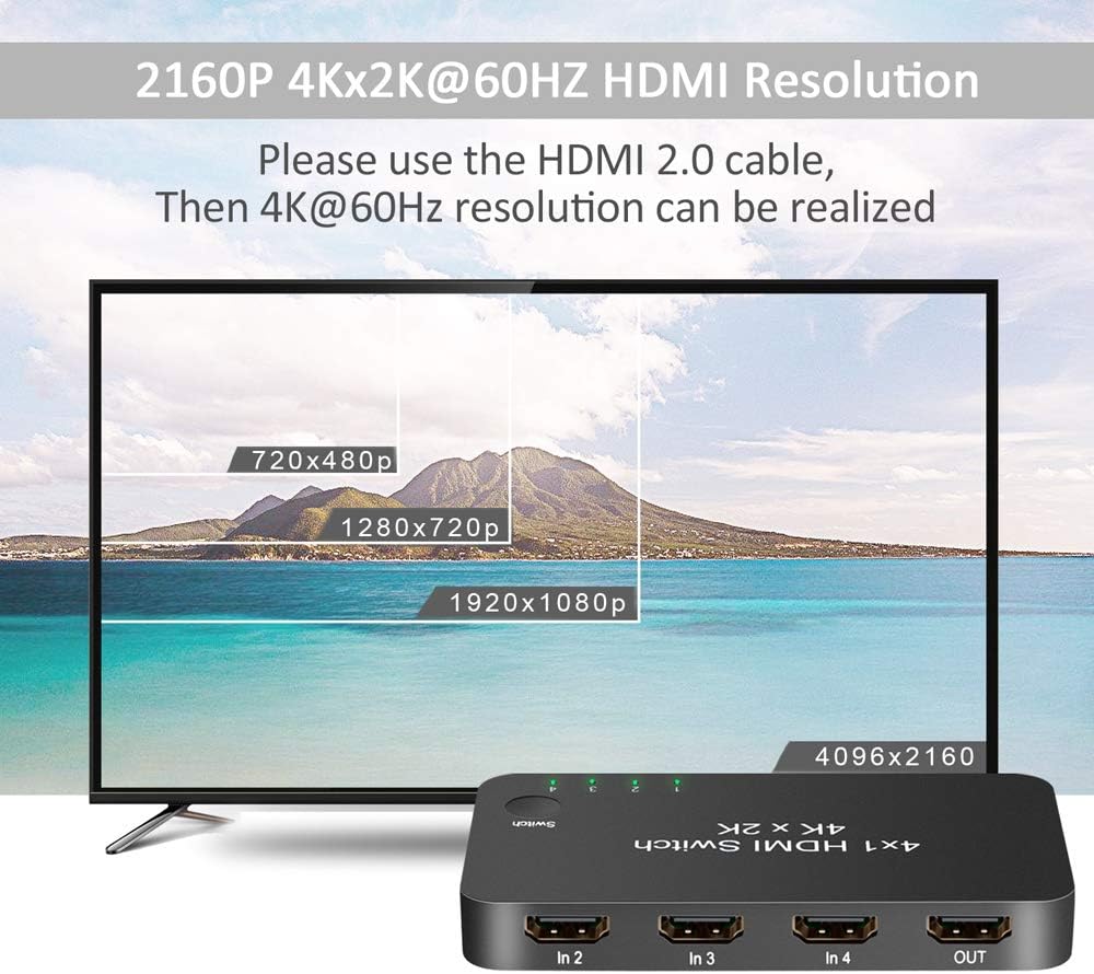 HDMI KVM Switcher, 4 in 1 Out 4K 60Hz HDV HDMI 2.0 Switch Selector Box with IR Wireless Remote Control for HDTV Blu-Ray Player/ DVD/ DVR/ Xbox PS4 etc.: Electronics