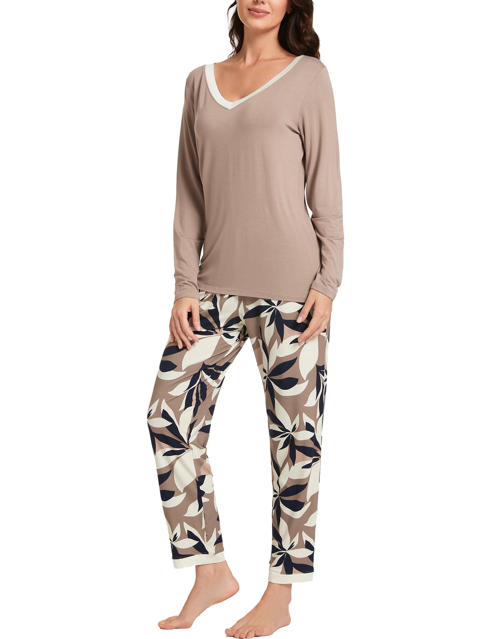 GYS Pajama Sets for Women - Viscose Made from Bamboo, V Neck Long Sleeve Sleepwear Soft Pj Lounge Set S-4X,Brown/Plants,X-Large Image