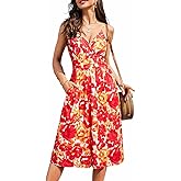 OUGES Women's Summer Spaghetti Strap V-Neck Floral Short Party Dress with Pockets