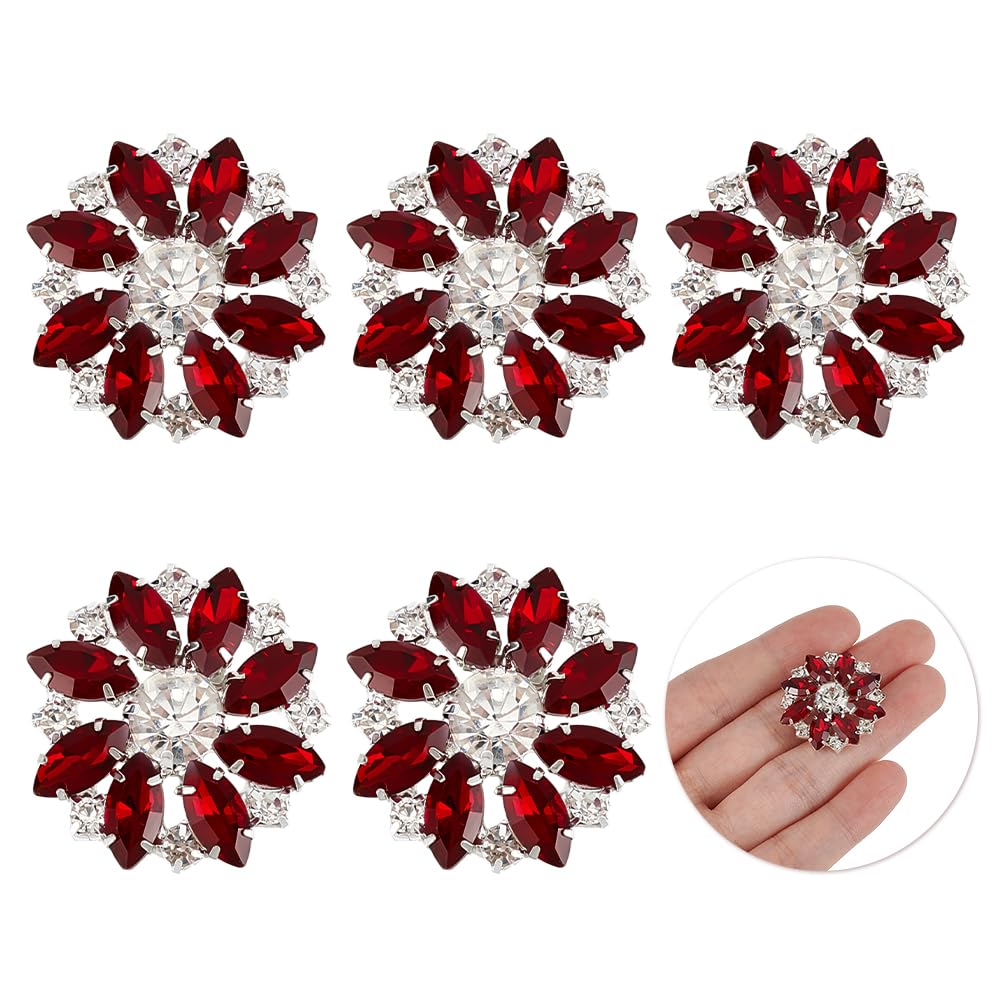 FINGERINSPIRE 6PCS Flower Brass Rhinestone Shank Buttons 26MM Red Crystal Sew On Buttons with 1-Hole and Flat Back, Fashion Claw Rhinestone Snowflake Buttons for Cloth DIY Crafts, Wedding Decor