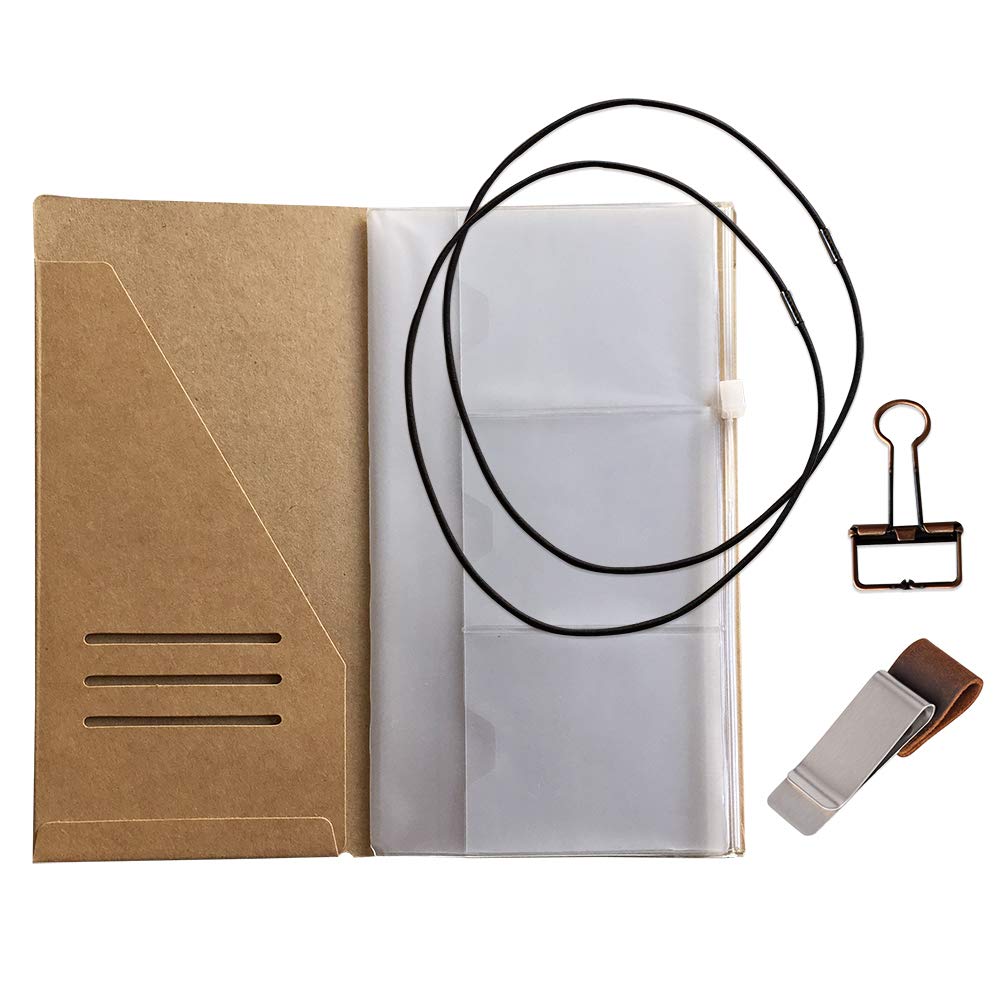 Standard Size Travelers Notebook Accessories Kit - Kraft File Folder, Zipper Case, Pen Holder, Binder Clip and 2 Elastic Bands