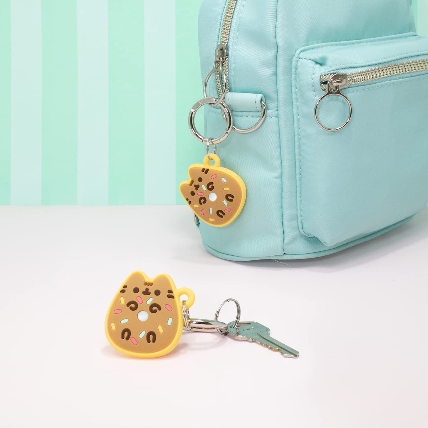 iFace x Pusheen Café Series Silicone Protective Cover Compatible with Apple AirTag [Cute Character Case] [Carabiner Keychain Clip Included] - Donut