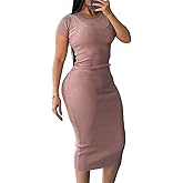 TodTan Women's Summer Casual Ribbed Dress Short Sleeve Crewneck Slim Fit T Shirt Bodycon Dresses