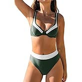 CUPSHE Women's Bikini Sets Two Piece Bathing Suit High Waisted Underwire Wide Adjustable Straps Color Block Back Hook
