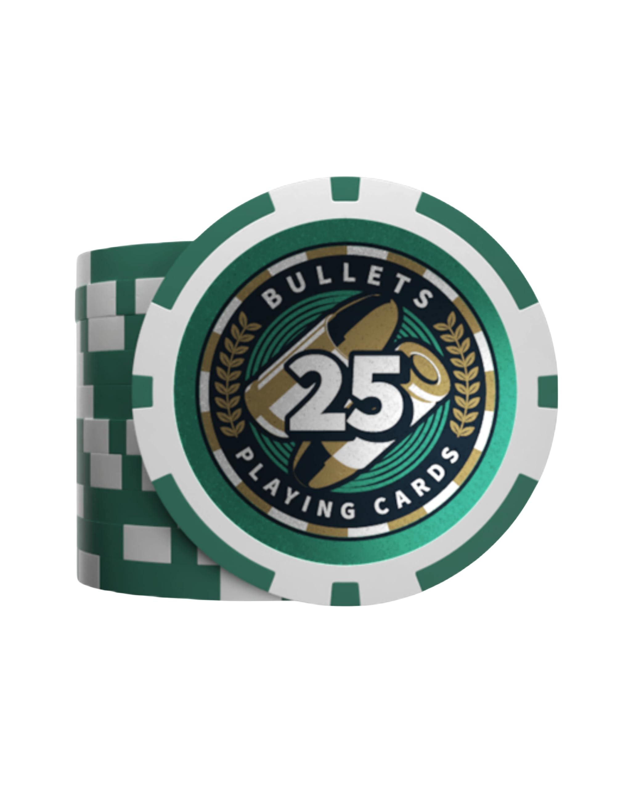 Bullets Playing Cards, Plastic Poker Chips, Christopher with Values, Pack of 25, Green, Value 25