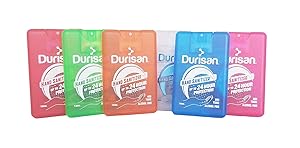 Durisan Travel Hand Sanitizer Alcohol-Free, Long-Lasting, No Odor, Non Toxic, 24 Hour Protection 18 Milliliter Set of 6 Assorted Colors