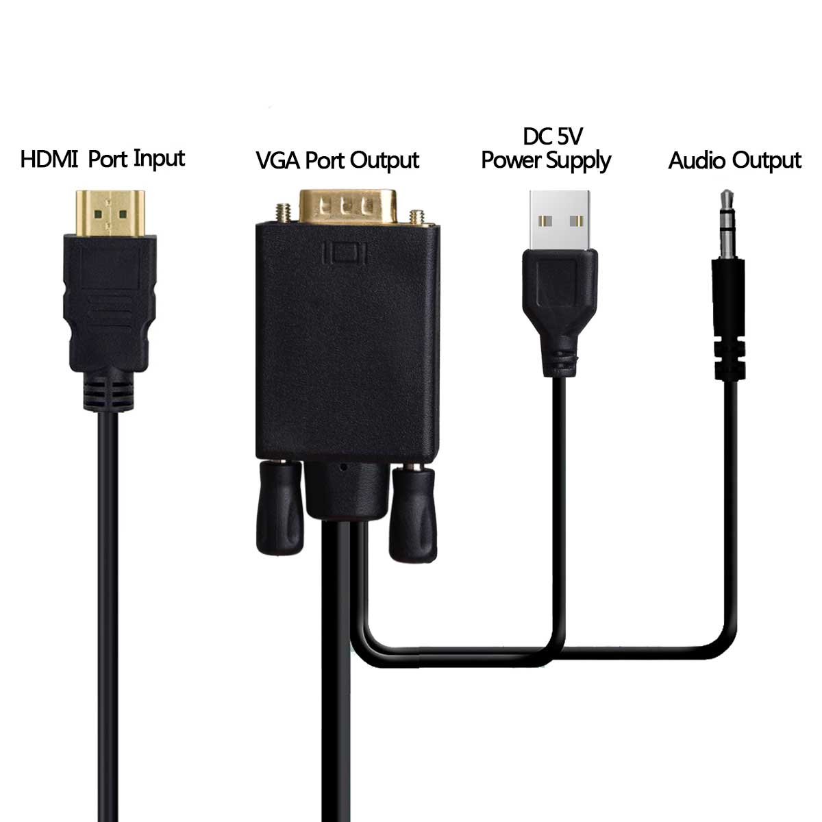 HDMI to VGA Adapter Cable With Micro USB Powered And Audio Cable 1080P Male to Male HDMI to VGA Active Video Converter Cord (6 Feet/1.8 Meters)
