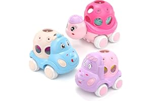 XFFFUN Baby Girl Toy Cars for Toddlers 1-3, Push and Go Rattle Cars for Baby Toy 6-9-12-18 Months, First Birthday Gifts for 1 2 Year Old Girls, Infant Pink Friction Truck Set Valentines Gift