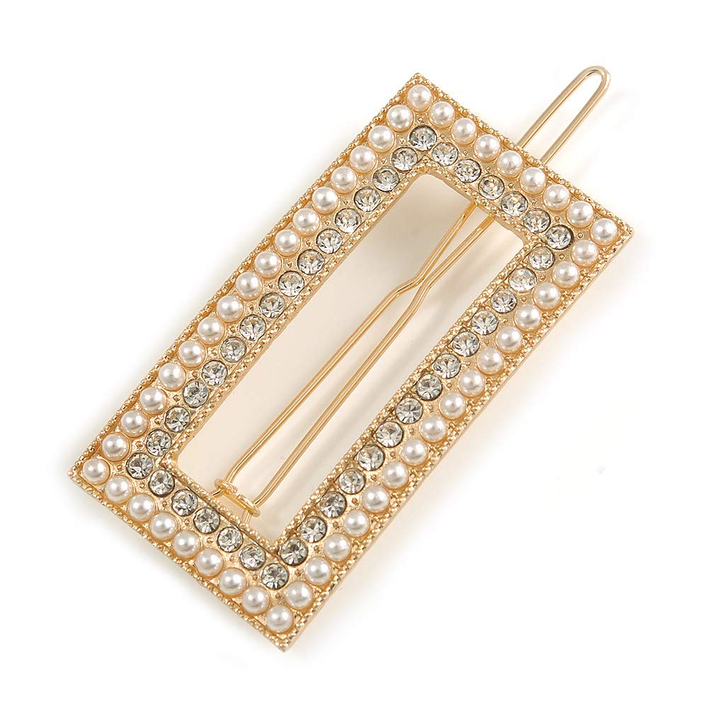 Gold Tone Clear Crystal Cream Faux Pearl Square Hair Slide/Grip - 60mm Across