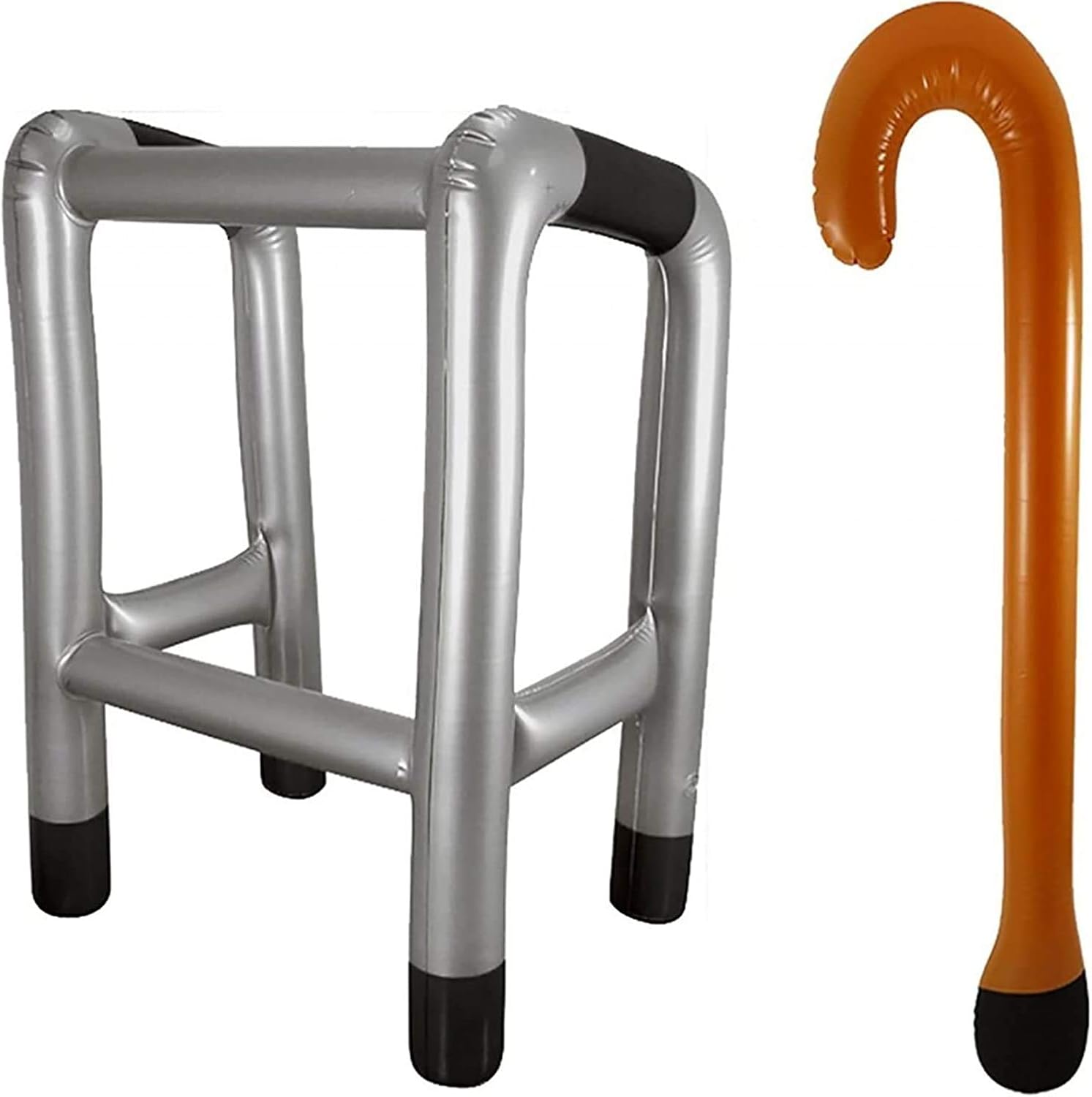 FNA FASHIONS® Inflatable Zimmer Frame & Walking Stick Set - 35" Blow-Up Plain & Printed Joke Props, Silver