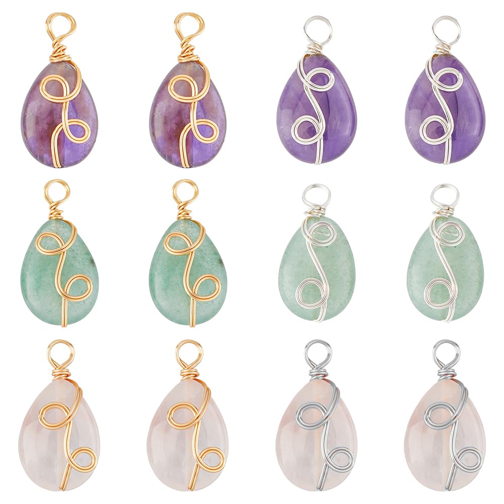 SUPERFINDINGS 12pcs Mixed Stone Pendants - Amethyst, Rose Quartz, Green Aventurine Waterdrop Charms for Jewelry Making