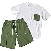 VIPWOLF Men's Casual Outfits 2 Piece Tracksuit Set Short Sleeve Crew Neck T Shirts and Cargo Shorts