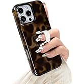 Jefonha Compatible with iPhone 16 Pro Case with Finger Strap Kickstand, Stylish Amber Leopard Phone Case for Women Men, Dual-Layer Shockproof Cover for 16 Pro, Amber Leopard