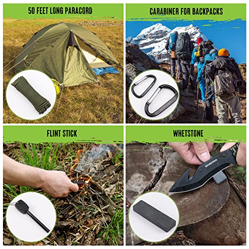 WORKPRO Hatchet and Machete with Sheath, One-piece Camping Axe and Hunting Knives with Rope Handle, 9 Pieces Camping Tool Set Includes LED Headlamp, Paracord, Flint Stick, Carabiners, Whetstone