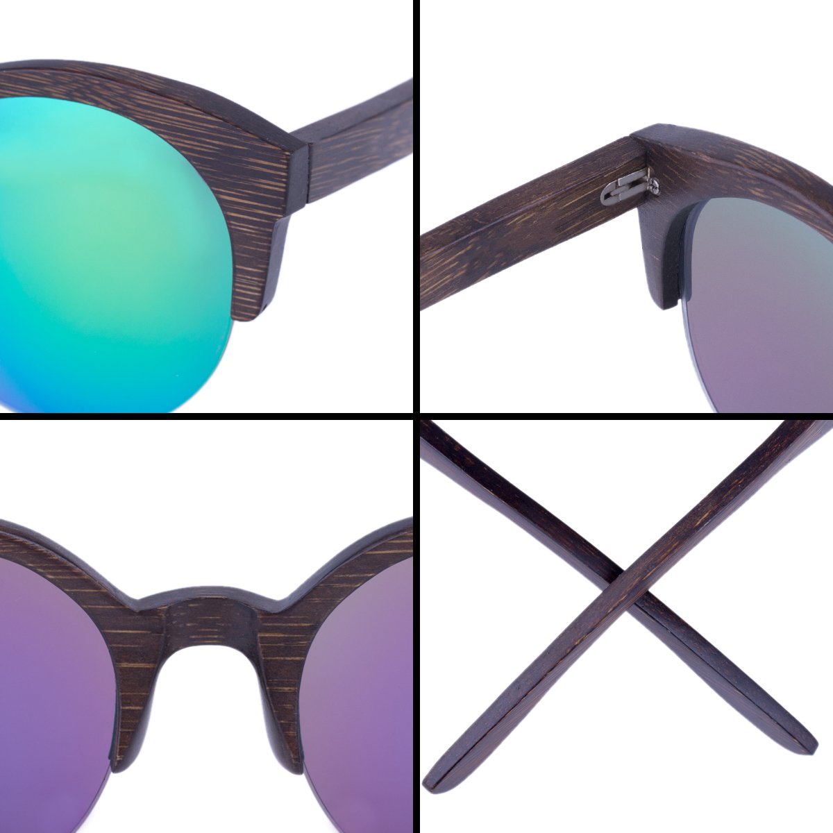 WISH CLUB Half Frame Round Wood Sunglasses Unisex Classic Mirrored Floating Vintage 60s Glasses(Green)