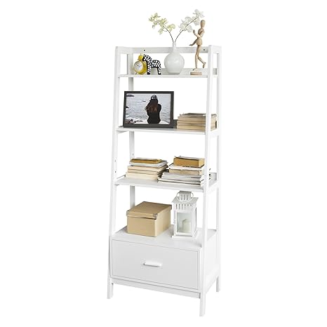 SoBuy® Leiterregal,Bücherregal,Standregal,Badregal,mit Ablagen und Schublade in Weiß, B 64cm, FRG116-W