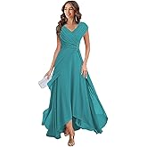 DelloidKit Women's V Neck Mother of The Bride Dresses Cap Sleeves Chiffon Pleated Mother Groom Dresses DK007