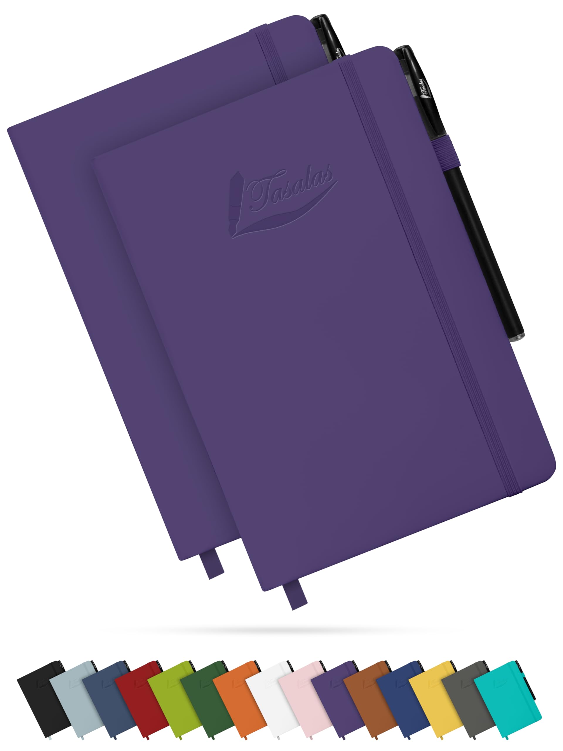 Tasalas A5 Notebooks 2 Pack with Pen - 200 Lined Pages Journal Notepads, 80 GSM, Purple Notebooks A5 with Soft PU Cover, Elastic Loop, Pen Holder, Expandable Pocket - Note Books for Note-Taking