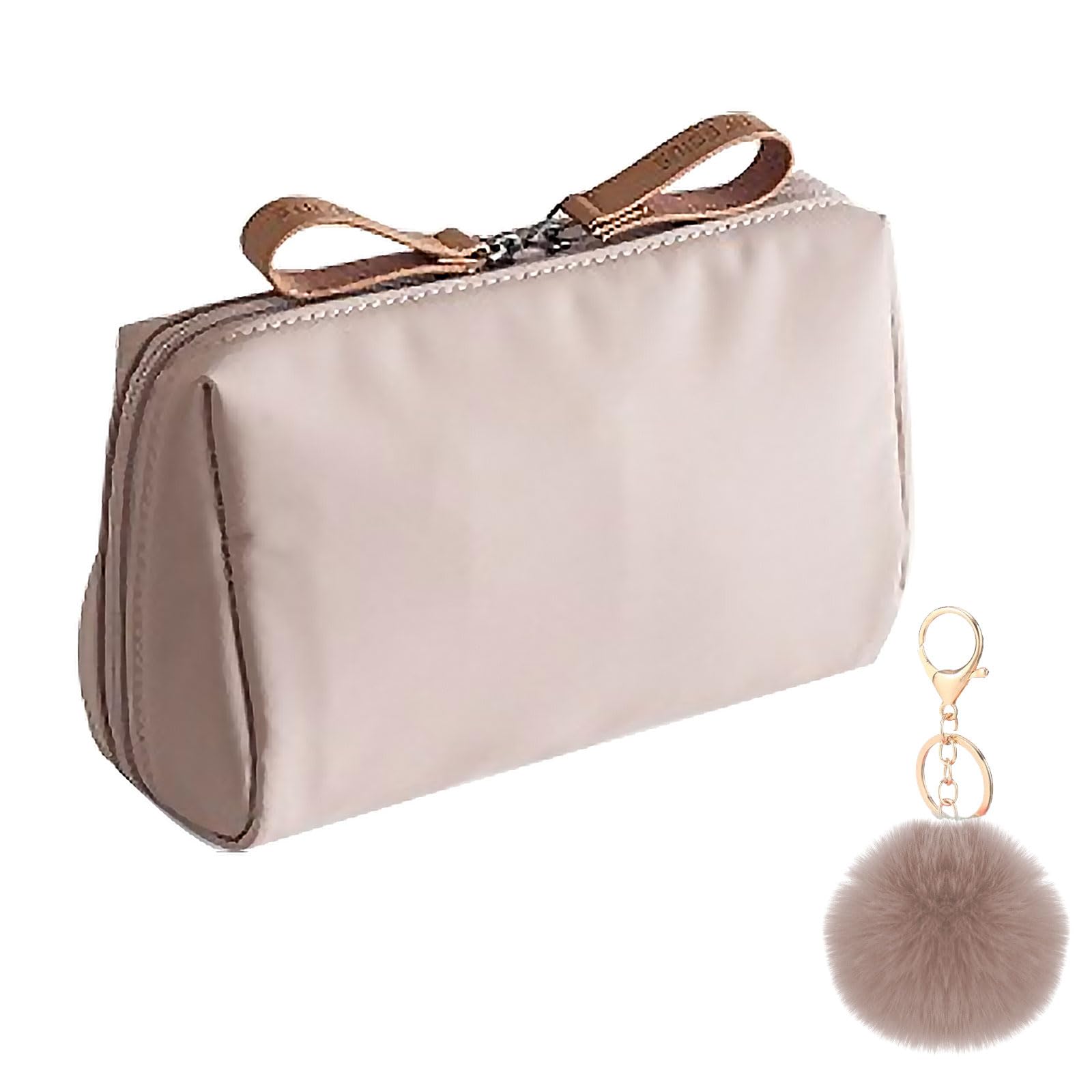AYNKH Ladies Portable Cosmetic Bag with Fluffy Ball Pendant, Cosmetic Bag Nylon Small, Small Multifunctional Storage Bag, for Short Trips, Storage of Cosmetics and Skin Care Products (Brown)