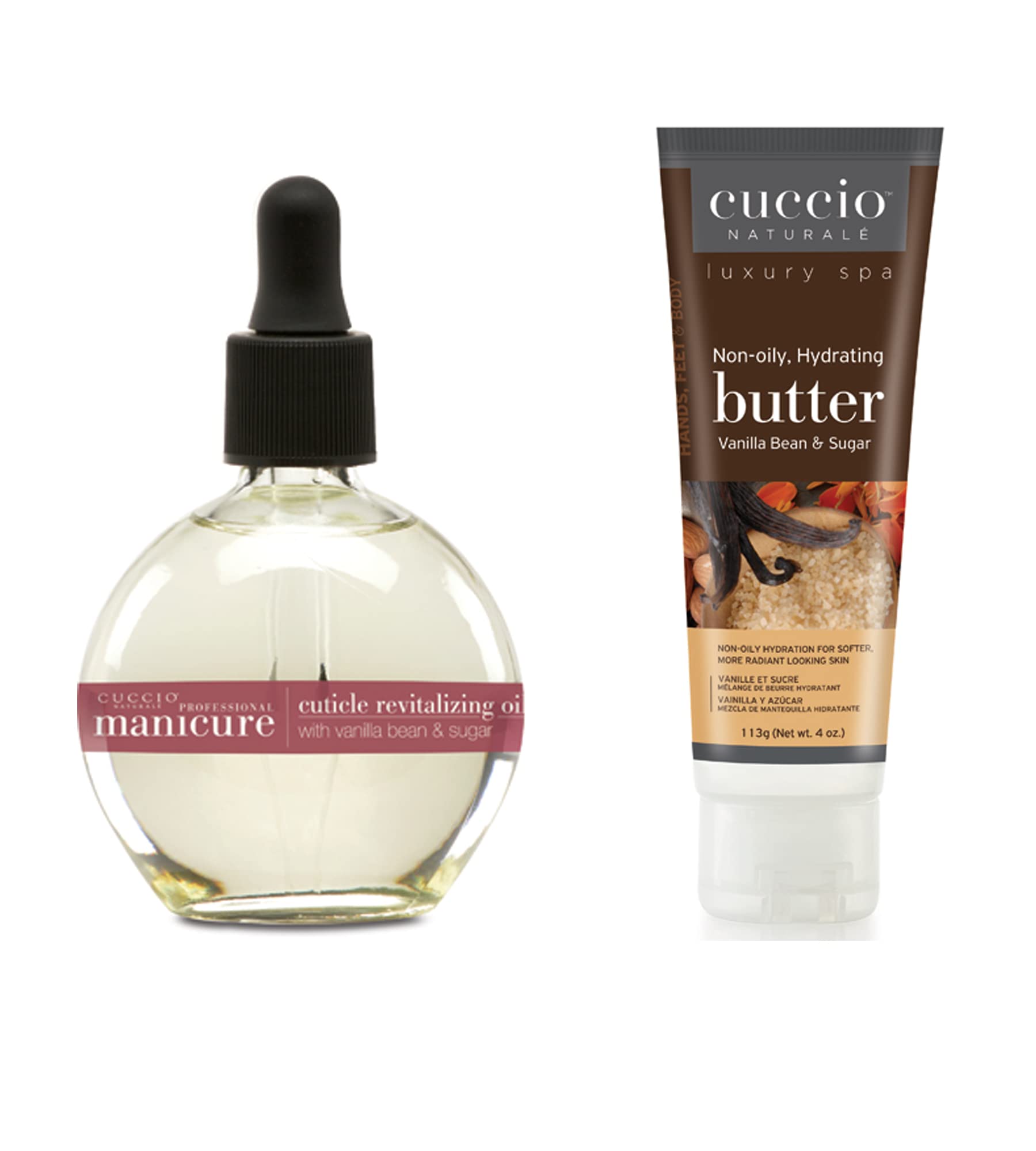 Cuccio Vanilla Bean & Sugar Hydration Essentials kit, 68ml Cuticle Oil, and 4oz Butter, for Nail Care, Nail Strengthening, Nail Repair, Nail Growth, with Jojoba Oil, Almond Oil, and Vitamin E