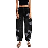 Barrel Jeans for Women Mid Rise Heart Printed Denim Ankle Pants Vintage Baggy Boyfriend Jeans