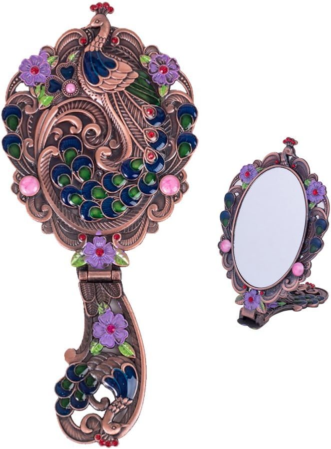 Moiom Vintage Style Foldable Oval Peacock Pattern Makeup Hand/Table Mirror (Antique Silver): Home & Kitchen