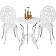 HOMEFUN Bistro Table and Chairs Set of 2 Outdoor 3 Piece Patio Set, Rose Pattern Cast Aluminum Bistro for Garden Balcony, Durable Rust All-Weather Resistance, Rose White