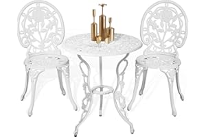 HOMEFUN Bistro Table and Chairs Set of 2 Outdoor 3 Piece Patio Set, Rose Pattern Cast Aluminum Bistro for Garden Balcony, Durable Rust All-Weather Resistance, Rose White