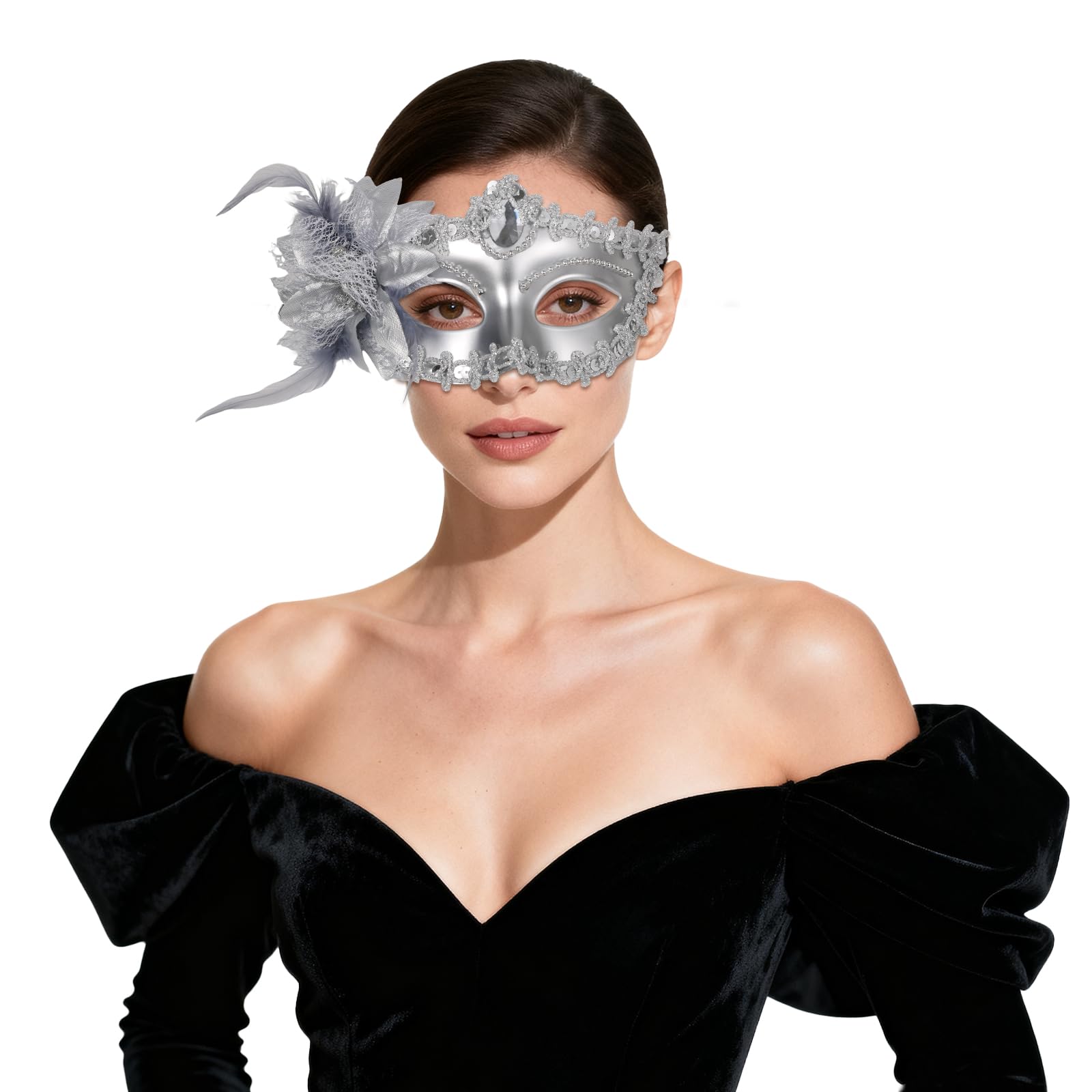 Oidea Masquerade Mask for Women: Elegant Flower Half Face Venetian Mardi Gras Masks Halloween Cosplay Prom Ball Costume Party Mask Accessory Silver