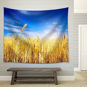 Golden Wheat Field with Blue Sky in Background - Fabric Wall Tapestry Home Decor - 51x60 inches