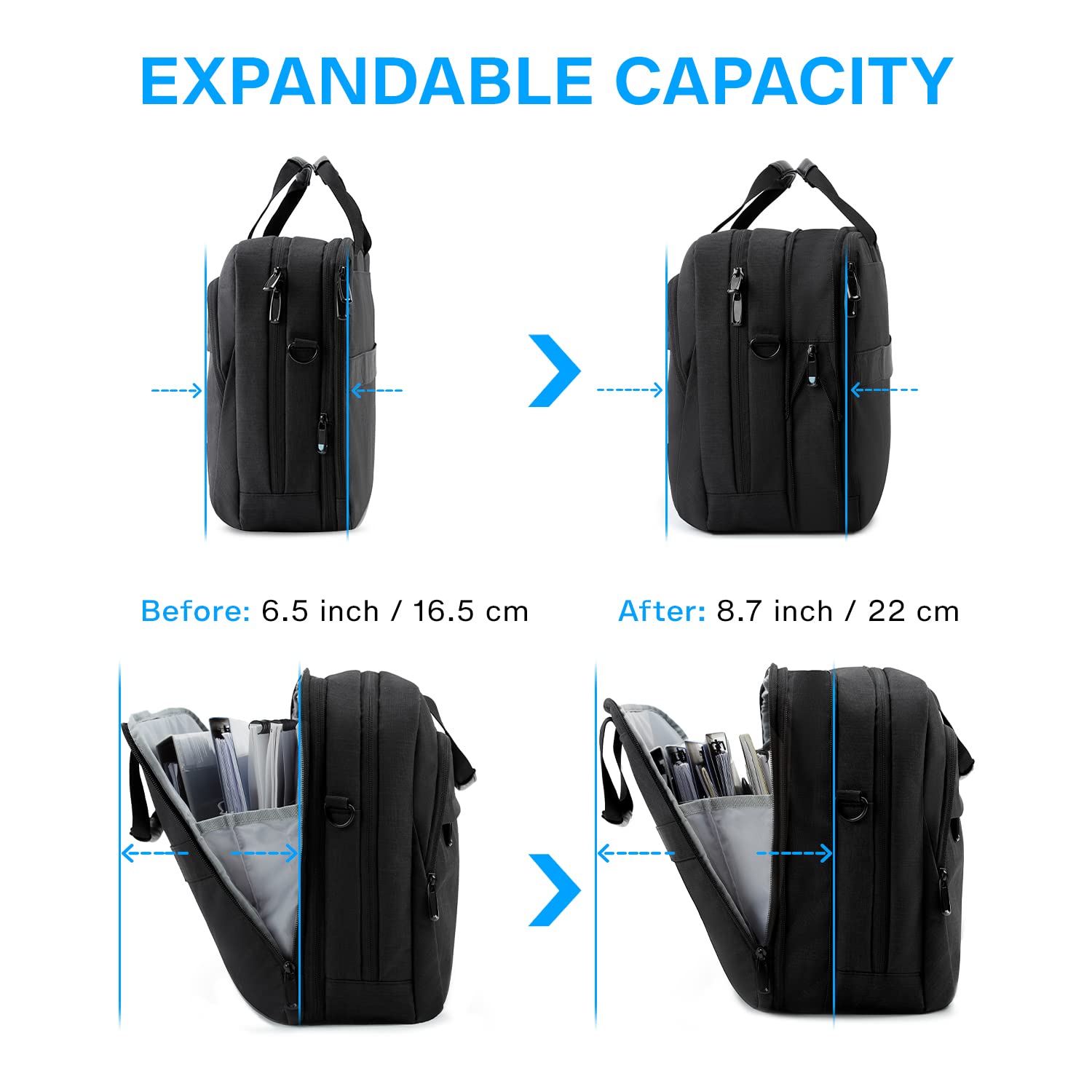 BAGSMART 18 Inch Laptop Bag, Expandable Briefcase, Computer Bag Men Women, Laptop Shoulder Bag, Work Bag Business Travel Office - Black