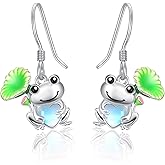 Dreamboat Frog Dangle Drop Earrings for Women 925 Sterling Silver Moonstone Frogs Dangling Hook Earring Animal Jewelry Gifts