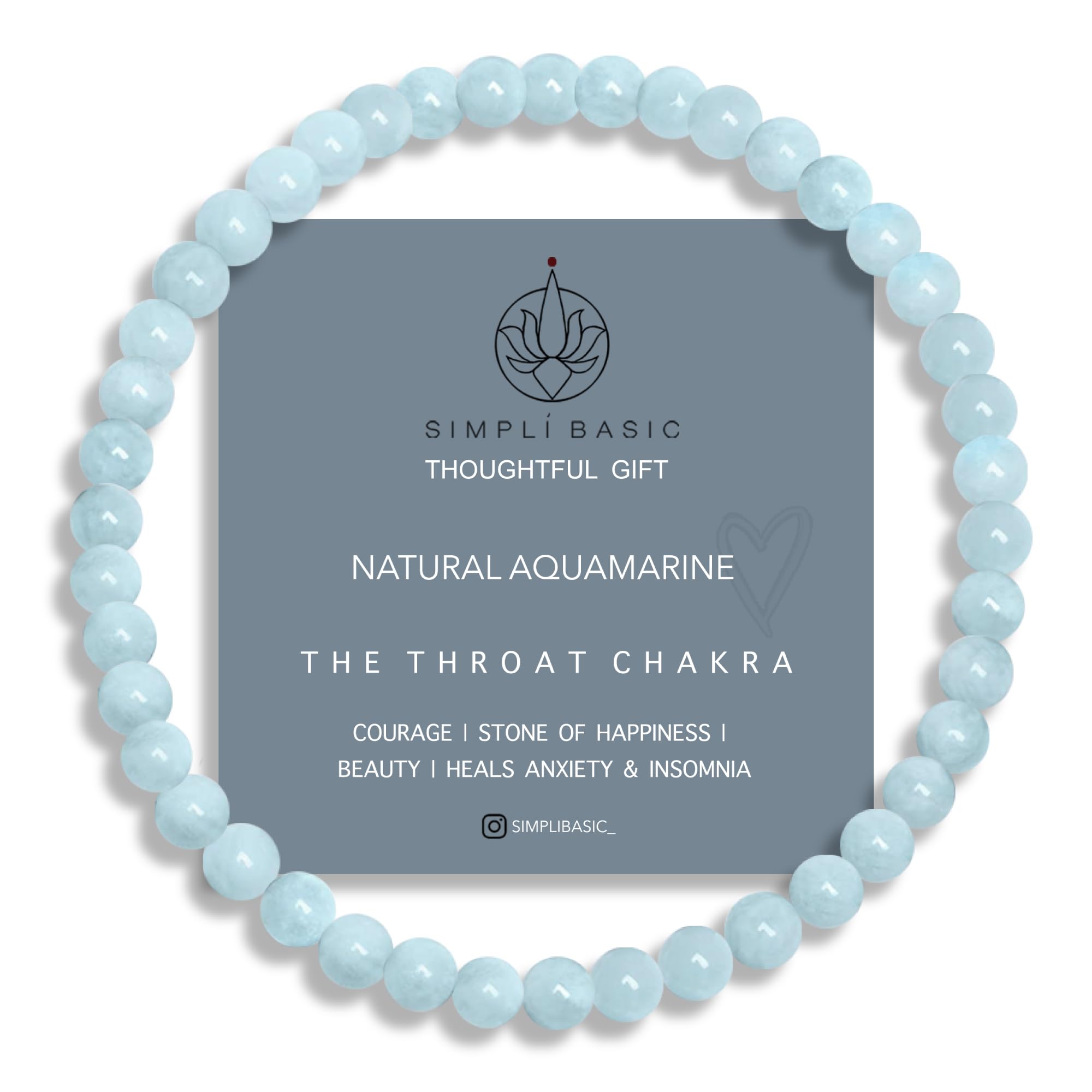 SIMPLÍ BASIC Natural A Grade Aquamarine Healing Gemstone Bracelet 4mm Bead | Womens & Mens | Beauty | Happiness | Courage | Inc Gift Box | March Birthstone