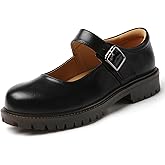 XSE Women's Mary Jane Flats in Black Chunky Comfortable Non-Slip Sole Cute Dressy Design for Casual School or Work for Mary Jane Women Shoes