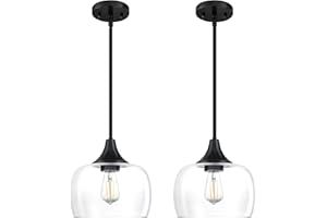 SEENMING HOUSE 2 Pack 1 Light Hanging Indoor Kitchen Island Pendant Ceiling Light 8.2" Drum Clear Glass Shade Fixture,Black Finish Modern Farmhouse Dinning Over Sink Adjustable Rod