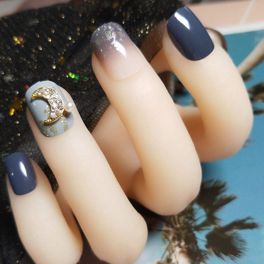Sethexy Squoval False Nails Rhinestone Moon Gradient Press on Full Cover Art Fake Nails Tips for Women and Girls