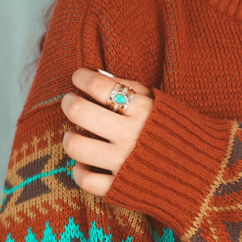 LRGKMCWTOB Vintage Sterling Silver Turquoise Ring for Women, Bohemian Style Handmade Dainty Ethnic Healing Stone Ring, Tribal Totem Cut Natural Turquoise Bridal Statement Ring Gift Size 8