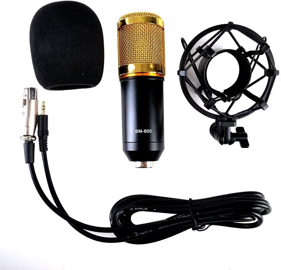 FlyRay BM-800 Professional Studio Broadcasting & Recording Microphone Set includes Professional Microphone Condenser Microphone + Shock Mount Metal + cap Foam Ball Anti-wind + Microphone Power Cable (Black)