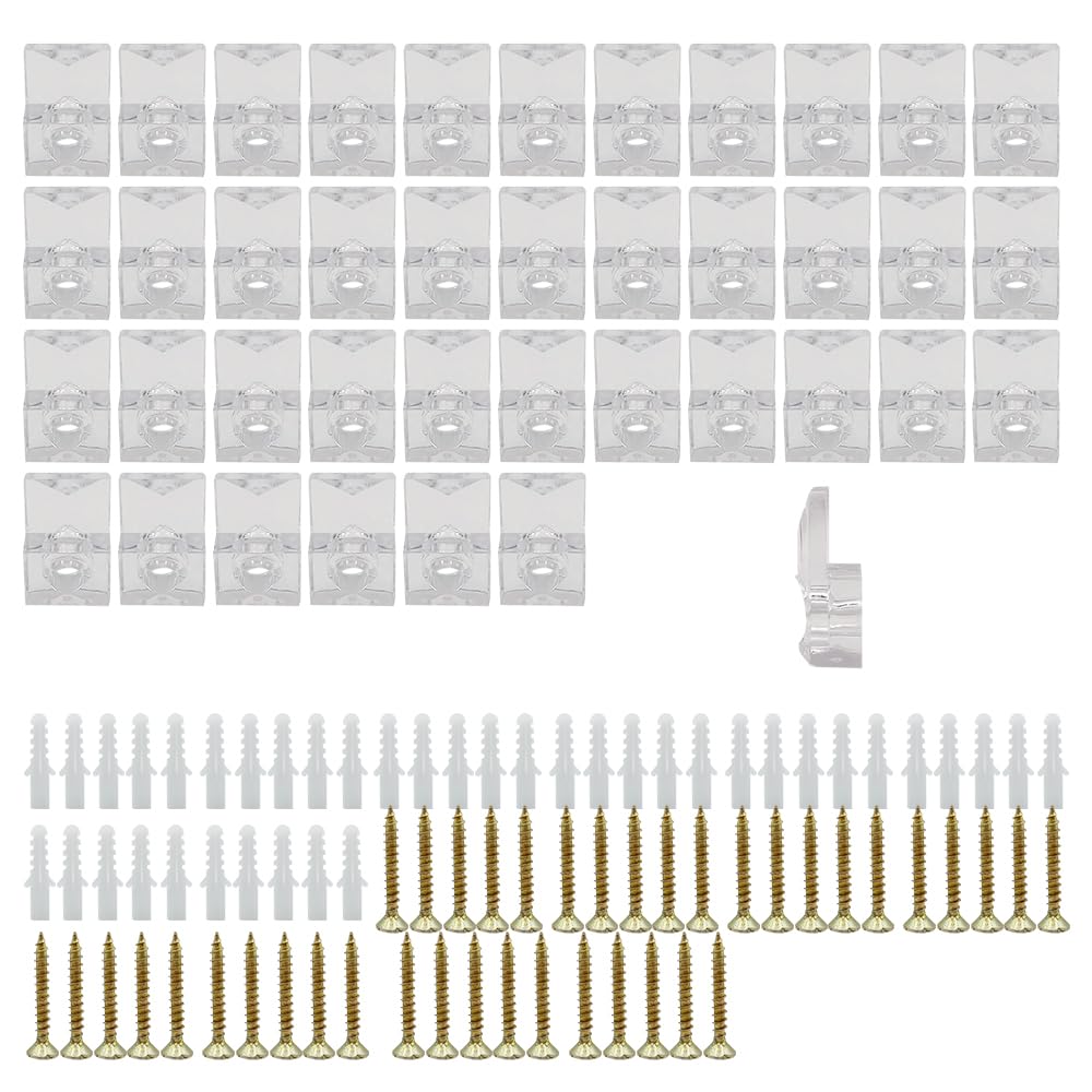 ONEBO 40 pcs Clear Plastic Mirror Holder Clips,Glass Retainer Clips Kit,with 40 Pcs Screws and Anchor, for Fixing 4mm Thick Glass, Cabinet Doors and Mirrors
