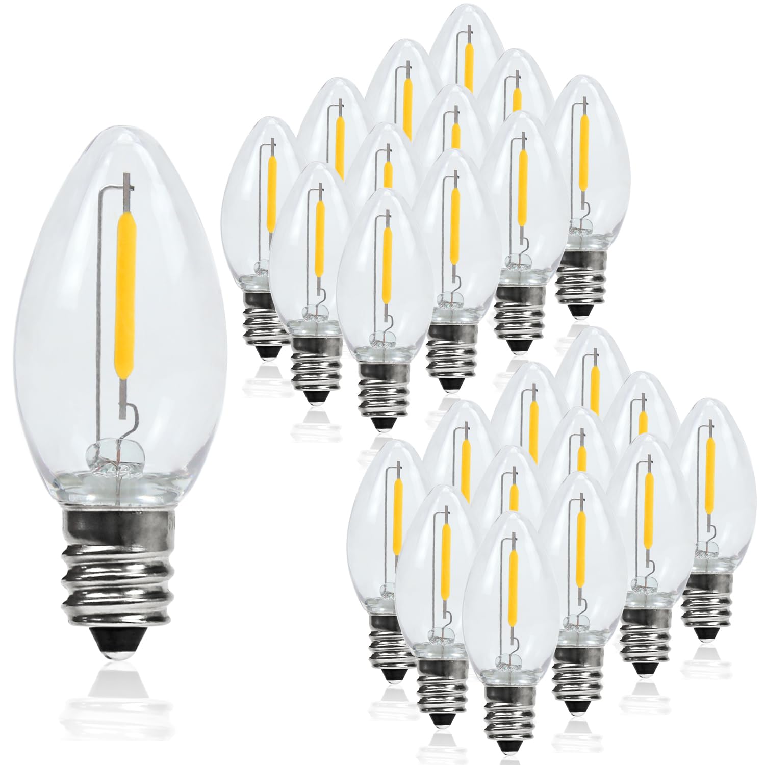 Photo 1 of C7 LED Night Light Bulbs 0.6W Equivalent to 7W C7 Candelabra LED Filament Light Bulbs E12 Candelabra Base Lamp Clear Glass Warm White 2700K Outdoor String Lights 25 Pack