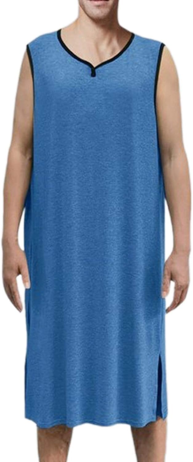 Men's Nightshirt Cotton VNeck Sleeveless Fashion Night Gown Soft Comfy