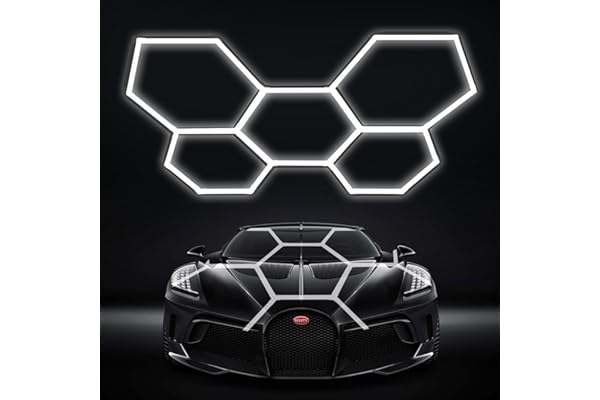 LZHOME Hexagon Garage Light: 5 Grids Updated Bigger Size, 26400LM Super Bright Car Detailing LED Shop Light, Linkable Plug-in