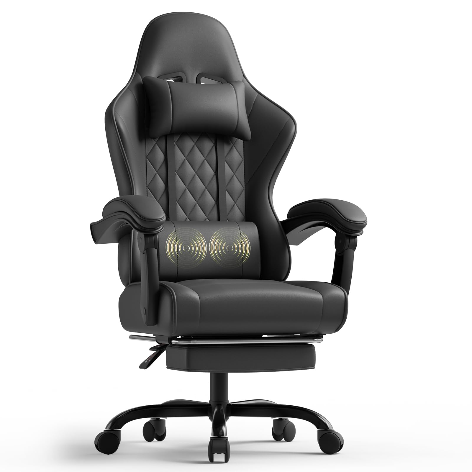 Triumphkey Gaming Chair For Adults With Footrest, Ergonomic Computer Chair With Massage Lumbar Support, Reclining Backrest, Swivel Office Gamer Chair With Headrest, Black