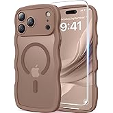 Magnetic for iPhone 17 Pro Case, Cute Wavy [Full Camera Protection] [Fit for MagSafe], 1X Screen Protector+1X Wrist Strap, Trendy Translucent Matte Women Girly Phone Case for iPhone 17 Pro 6.3", Brown