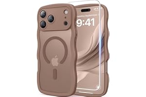 DOMAVER Magnetic for iPhone 17 Pro Max Case, Cute Wavy [Full Camera Protection] [Fit for MagSafe], 1X Screen Protector+1X Wrist Strap, Trendy Matte Women Girly Phone Case for iPhone 17 Pro Max 6.9", Brown