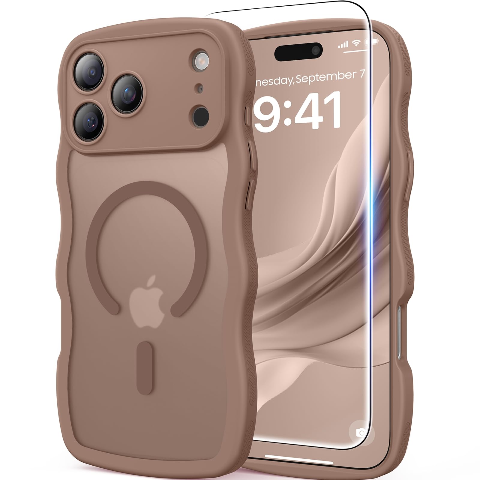 Photo 1 of Magnetic for iPhone 17 Pro Max Case, Cute Wavy [Full Camera Protection] [Fit for MagSafe], 1X Screen Protector+1X Wrist Strap, Trendy Matte Women Girly Phone Case for iPhone 17 Pro Max 6.9", Brown