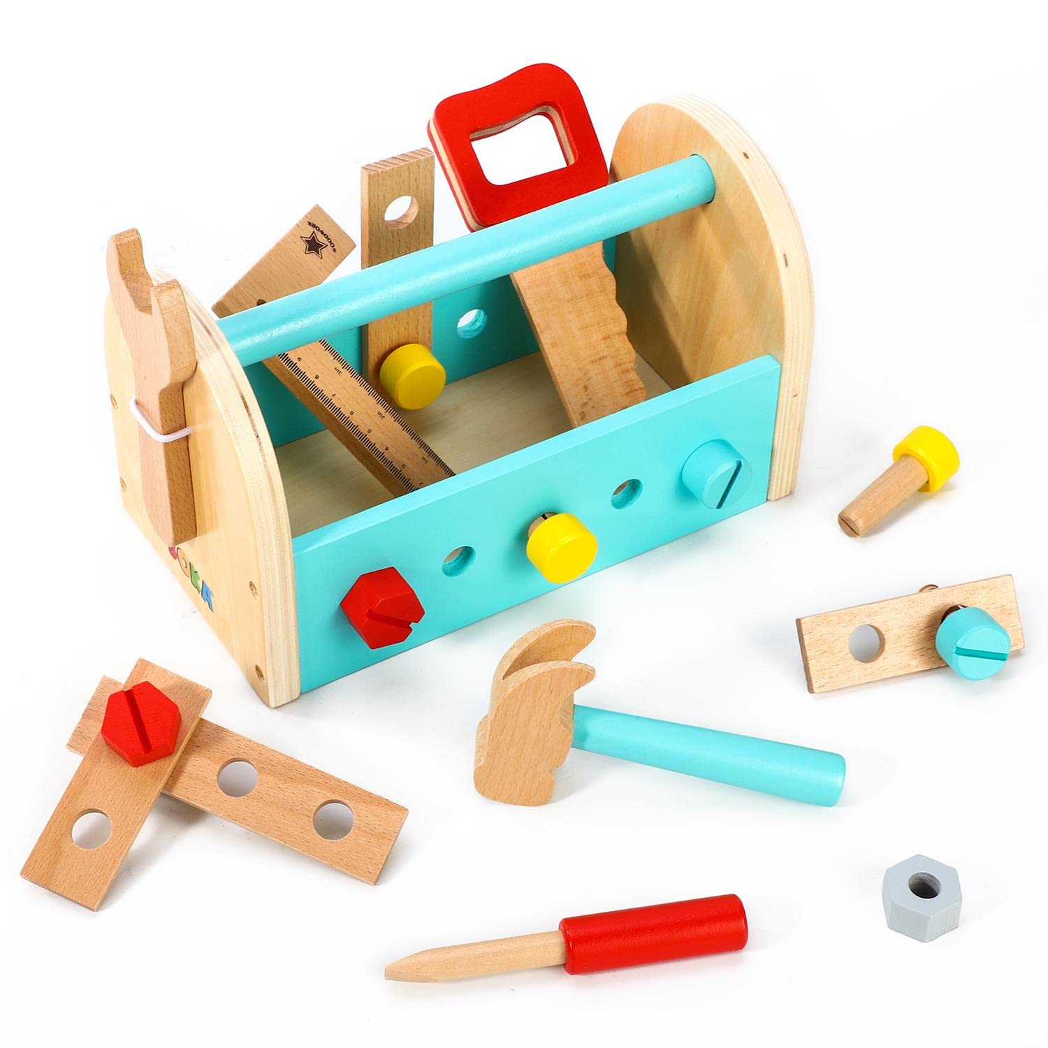 SOKA My First Toolbox Carpenter Wooden Building Tools Play Set Construction Wood Craft Pretend Play Builder Woodwork Preschool Learning Toy for Kids Children Boys Girls Ages 3 year old +